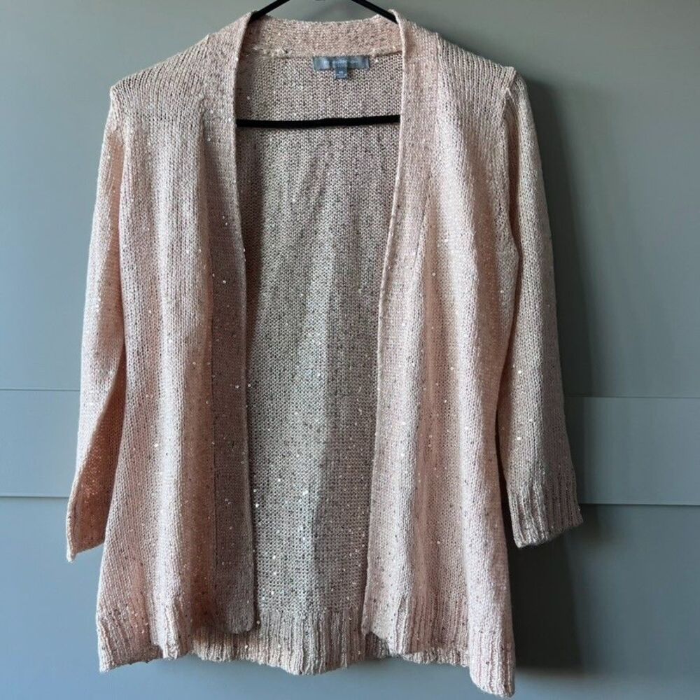 NY‎ Collection Cardigan Women XS Open Weave Pink Sequins 3/4 Sleeve Barbie Core
